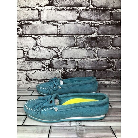 Minnetonka Kilty Turquoise Suede Leather Moccasins Driving Shoes Women Sz 7.5M - Picture 8 of 16